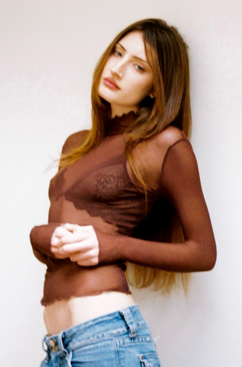 Tulle Ruffle Mock Neck